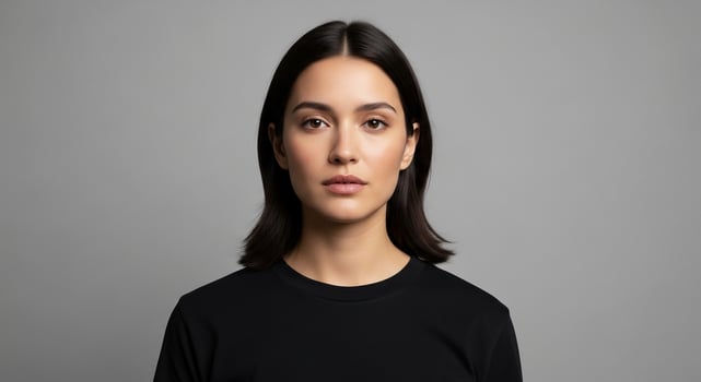 Close-up portrait of a young, attractive woman with dark hair and brown eyes against a neutral grey background. photo