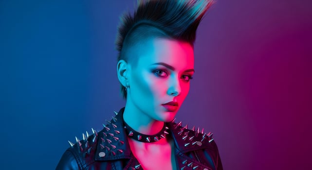 Punk rock woman with mohawk hairstyle and spiked leather jacket, lit by neon blue and pink lights. photo