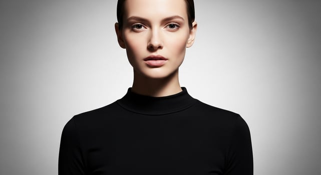 Elegant young woman with flawless skin and makeup, looking directly at the camera against a grey gradient background. photo
