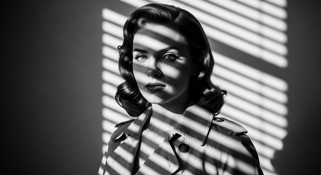 Elegant Woman in Black and White with Venetian Blind Shadows A Classic Noir Portrait for Fashion Style. photo