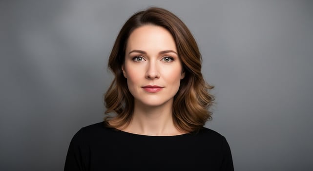 Studio portrait of a confident and professional woman with a serious, approachable expression looking directly at the camera. photo