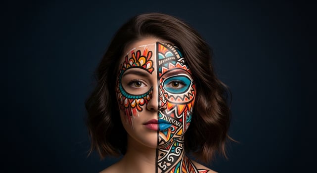 Vibrant Split-Face Makeup Beautiful Woman with Artistic Half-Skull Face Paint, Halloween, Day of the Dead Concept photo