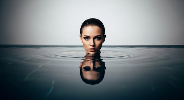 Elegant portrait of a beautiful young woman's head emerging from dark water with her reflection and subtle ripples, showcasing beauty, calm, and mystery. photo