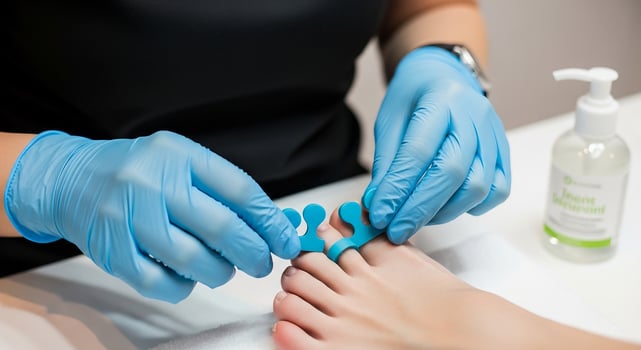 Professional Pedicurist in Blue Gloves Placing Toe Separators on a Client's Toes During a Pedicure Session at a Nail Salon photo