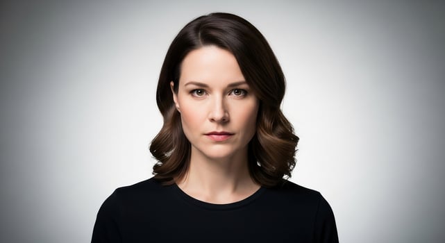 Confident woman with wavy brown hair looking directly at the camera against a soft grey backdrop. photo