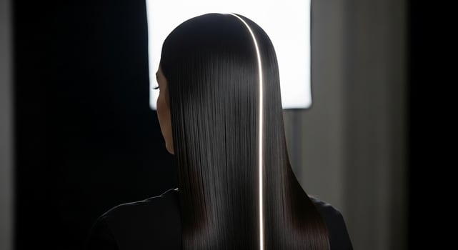 Stunning rear view of sleek, dark, and perfectly straight hair on a woman, with a dramatic light reflection emphasizing incredible shine and health. photo