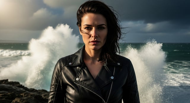 A determined woman in a black leather jacket stands powerfully on a rocky coast with dramatic ocean waves crashing behind her under a moody sky, embodying resilience and strength. photo