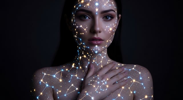 Beautiful woman with glowing constellations projected on her face and body, symbolizing cosmic connection and spiritual energy. photo