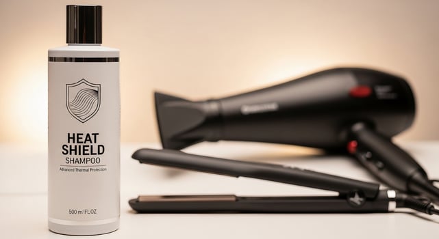 Professional hair care set with heat protection shampoo, hairdryer, and flat iron for healthy styled hair. photo