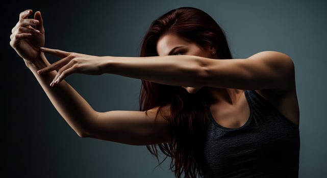 Elegant woman with dark red hair in a dynamic pose, partially obscured by her arm, against a gradient background. photo