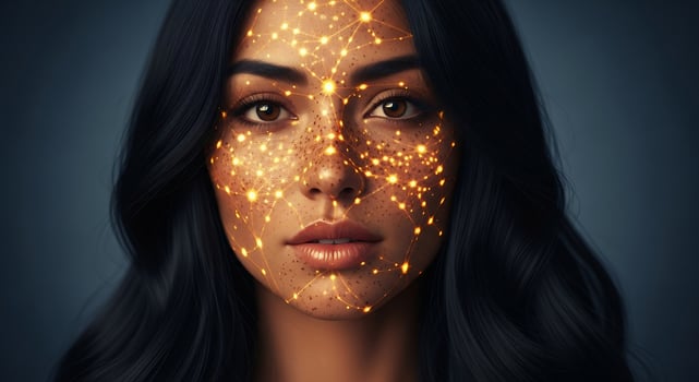 Futuristic Woman's Face with Glowing Network Overlay, AI, Technology, Science, Connection, Innovation photo