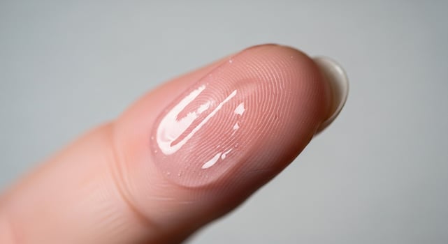 Close-up of a finger with a clear gel applied, showing fingerprint detail and texture against a soft background, representing skincare or product application. photo