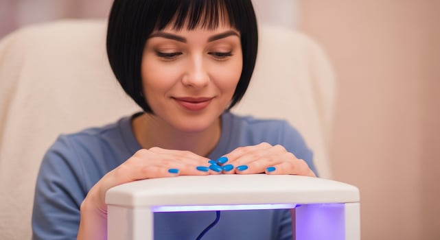 Woman curing gel polish with UV lamp, enjoying home manicure process photo