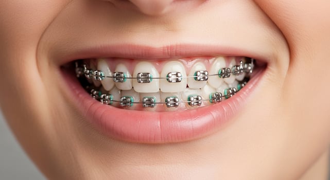 Smiling Close-up of Teeth with Metal Braces, Dental Orthodontic Treatment for Teeth Straightening, Confident Young Teenager with Happy Smile photo