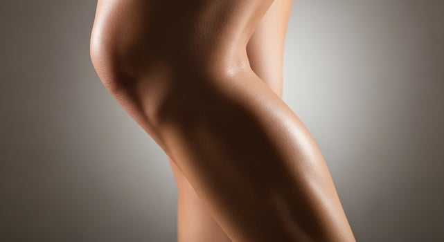 Close-up of a woman's toned leg and knee with smooth, glowing skin against a neutral background. photo