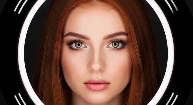 Beauty Portrait of a Stunning Woman with Red Hair and Striking Green Eyes in a Ring Light Studio Setting photo