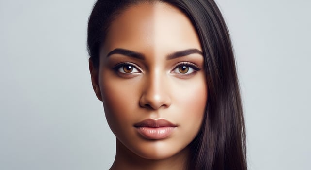 Close-up portrait of a beautiful woman with a split face showing two skin tones and light grey background photo
