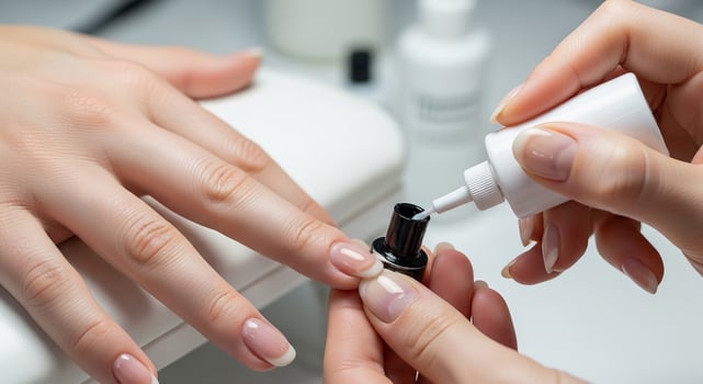 Woman Hand Applying Base Coat on Nails Before Gel Polish Manicure, Beauty and Personal Care at Nail Salon, Nail Treatment Concept photo