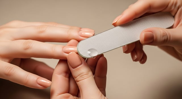 Close-up of hands during a manicure session, applying nourishing cuticle oil with a precise dropper for healthy, well-groomed nails and skin. photo