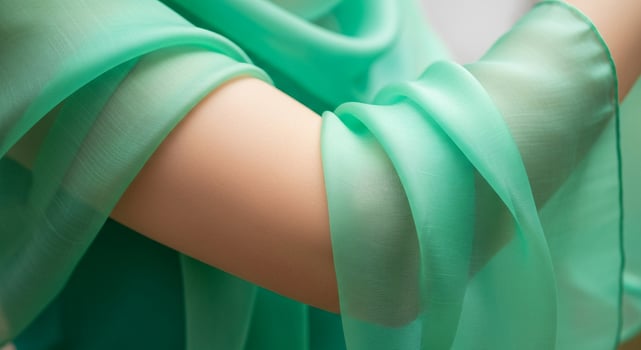 Close-up of a person's arm draped in flowing, sheer mint green fabric. Soft textures and light create an ethereal, elegant aesthetic for fashion, beauty, and design. photo