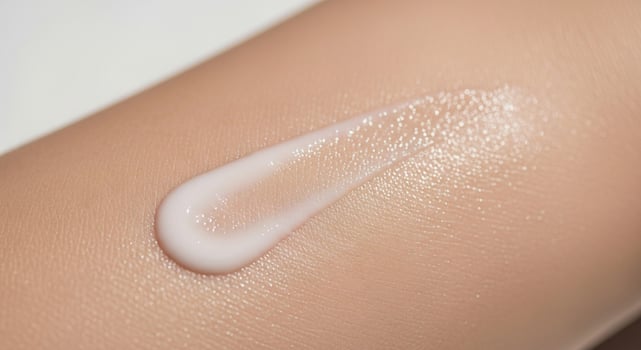 Closeup of Creamy Skin Lotion Swatch on Arm, Highlighting Moisturizing and Texture, Perfect for Beauty and Skincare Promotion photo