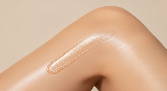 Skincare product application on skin, liquid cosmetic product swatch on leg, beauty concept, product demonstration, close-up, studio shot, beige background photo