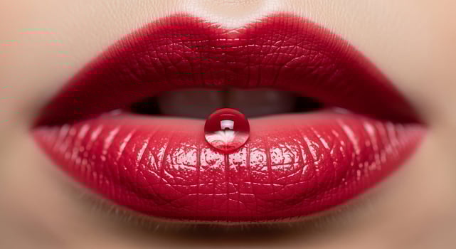 Close-up of vibrant red glossy lips with a sparkling water droplet, symbolizing hydration, beauty, and sensuality. photo