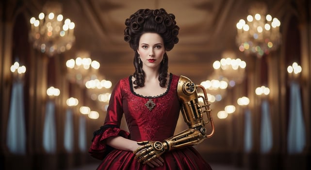 Steampunk Elegance Aristocratic Lady with Robotic Arm in a Grand Ballroom, Evoking a Retro-Futuristic Victorian Era photo