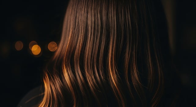 Close-up of elegant brunette hair with golden highlights, capturing a sense of beauty, style, and hair care, suitable for beauty salons, hair product advertisements, and fashion blogs. photo