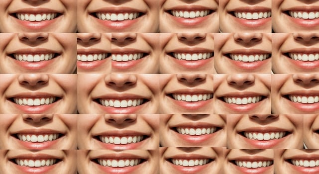 Multiple Expressions of a Beautiful and Healthy Smile Close-up Collage of Bright White Teeth and Pink Lips photo