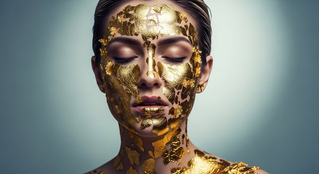 Luxury Gold Facial Mask Treatment Close-up of Woman with Golden Leaf Mask photo