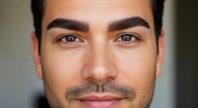 Close-up portrait of a handsome man with perfectly groomed eyebrows and a subtle smile, showcasing clear skin and a friendly expression. photo