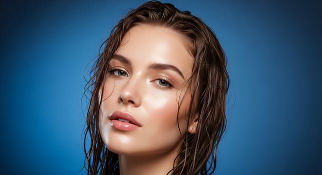 Glamorous Close-Up of Young Woman with Wet Hair Glowing Skin on Blue Backdrop for Beauty, Fashion, and Cosmetic Projects photo