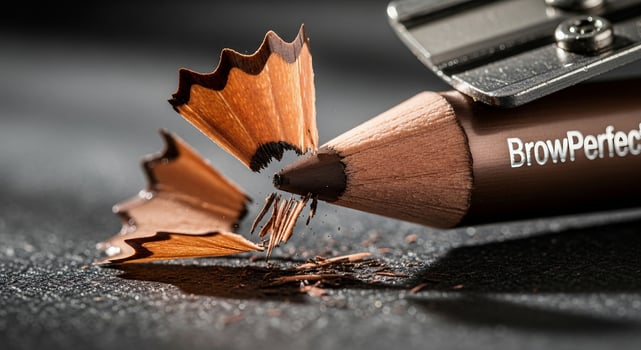 Close-up of a brow perfect eyebrow pencil being sharpened with a metal sharpener, creating wood shavings on a textured black surface, ideal for cosmetic and beauty product advertising. photo
