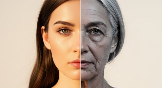 Split Face Showing the Effects of Aging on a Woman's Skin, from Youthful to Older photo
