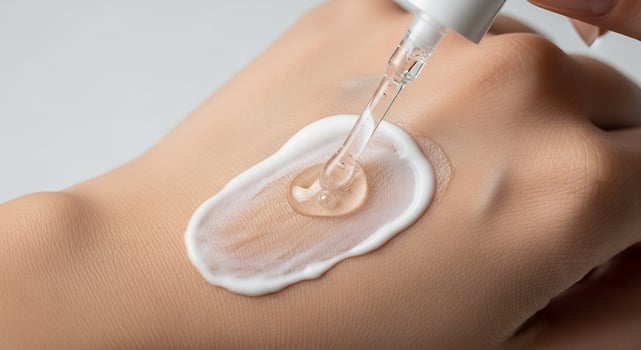 Close-up of a dropper applying serum to a dab of cream on a person's hand photo