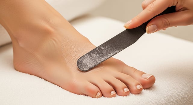 Close-up of a person's foot being exfoliated with a foot file by a manicurist. photo