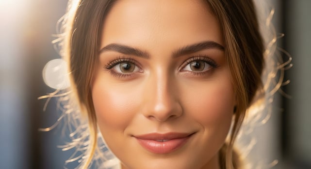 Close-up portrait of a beautiful woman with a gentle smile, soft lighting, and natural makeup, creating a warm and inviting aesthetic. photo