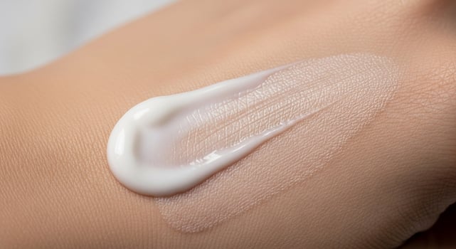 Close-up of nourishing white cosmetic cream applied to healthy, hydrated human skin, highlighting smooth texture and moisturizing benefits for beauty and skincare routine. photo