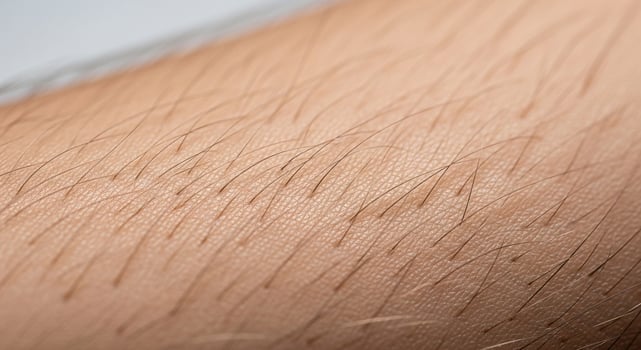 Macro close-up of light brown skin with fine dark hairs and texture details photo
