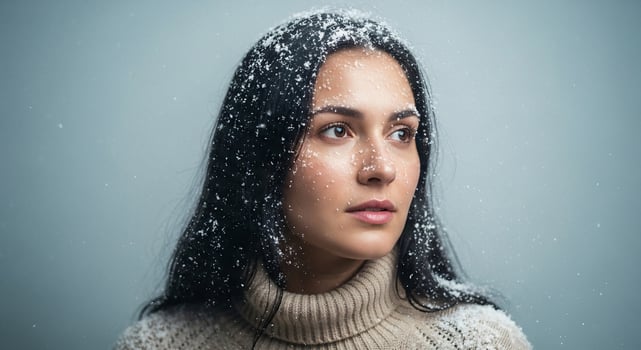Beautiful Woman in Winter Portrait of a Brunette with Snow in Her Hair in Cold Weather, Fashion and Style photo