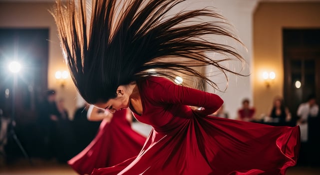 Graceful dancer in a flowing red dress spins energetically, her long hair flying during a captivating performance. photo
