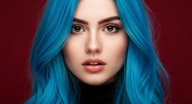 Beautiful Brunette Woman with Stunning Blue Hair A Captivating Portrait for Beauty and Fashion Advertising photo