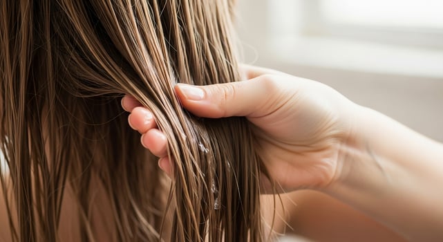 Hair Care Routine Woman's Hand Gently Smoothing Wet Brown Hair, Checking Moisture, Ready for Conditioning Treatment After Washing photo