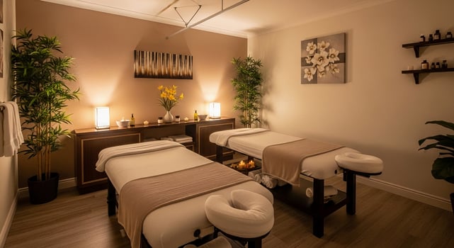 Serene spa treatment rooms with massage beds, plants, and soft lighting. Professional spa interior. photo