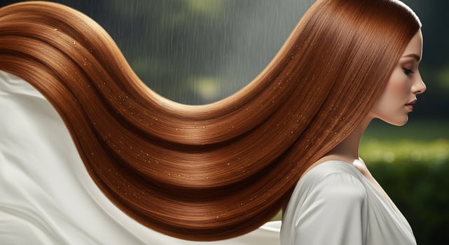 Woman with long, shiny auburn hair in the rain, beauty and wellness concept photo