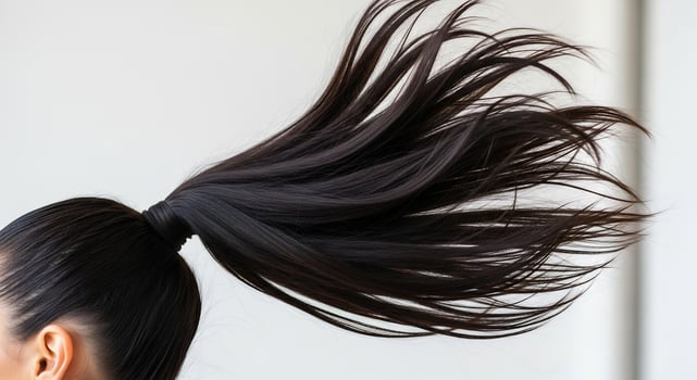 Close-up shot of a woman's ponytail blowing in the wind against a blurred white background, showcasing hair texture and movement. photo