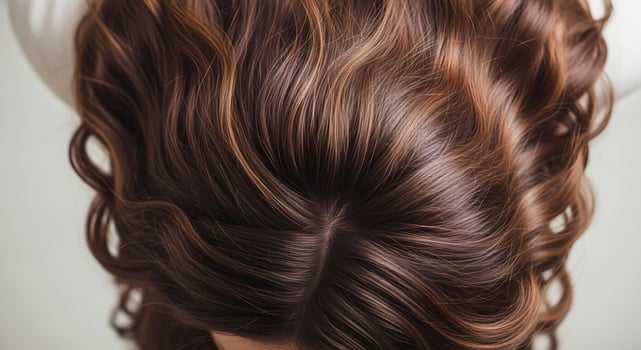 Close-up of lustrous, dark brown hair with subtle caramel highlights styled in soft, flowing waves, showcasing hair health, color treatment, and styling techniques for beauty and fashion projects. photo