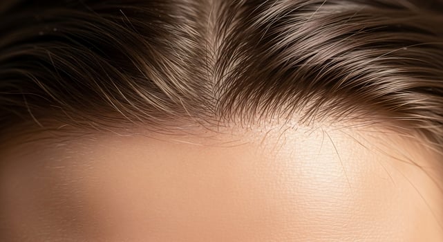 Close-up shot capturing the texture and hairline of a fair-skinned woman, revealing smooth forehead skin and soft brown hair, perfect for beauty and dermatology content. photo