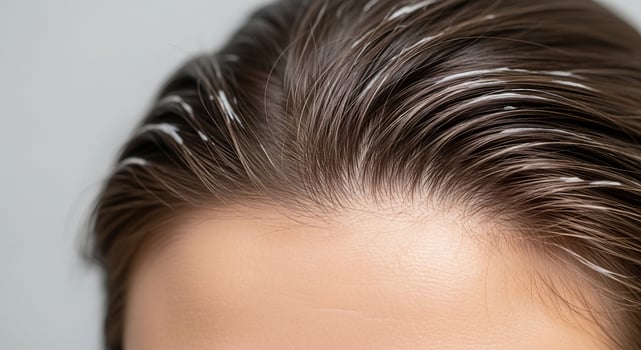 Close-up shot of a person's brown hair with visible dandruff, focusing on scalp health and hair care, ideal for beauty and wellness content, conveying issues like dry scalp or skin conditions. photo